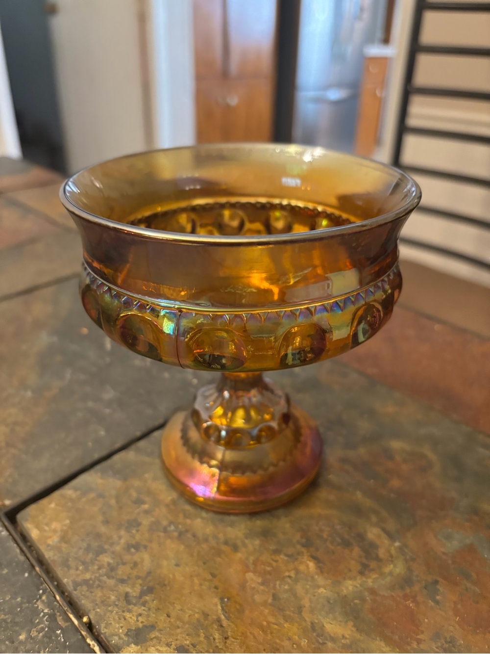Amber Iridescent Carnival Glass Compote Bowl